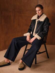 MOTF STUDIO CONTRAST FUZZY PANEL DROP SHOULDER OVERSIZE ZIP UP JACKET FOR AUTUMN/WINTER - Black - View 8