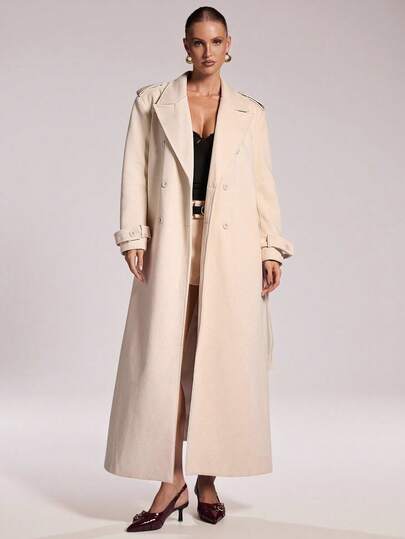 SHEIN BAE Women's Winter Coat Solid Color Double-Breasted Elegant Minimalist Long Overcoat Women Long Coat,Women's Winter Clothes ,Going Out Coat ,Chic Women's Coat,Woollen Coat