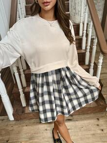 LanaWest Western Style A-Line Pleated Plaid Patchwork Round Neck Long Sleeve Women Short Dress