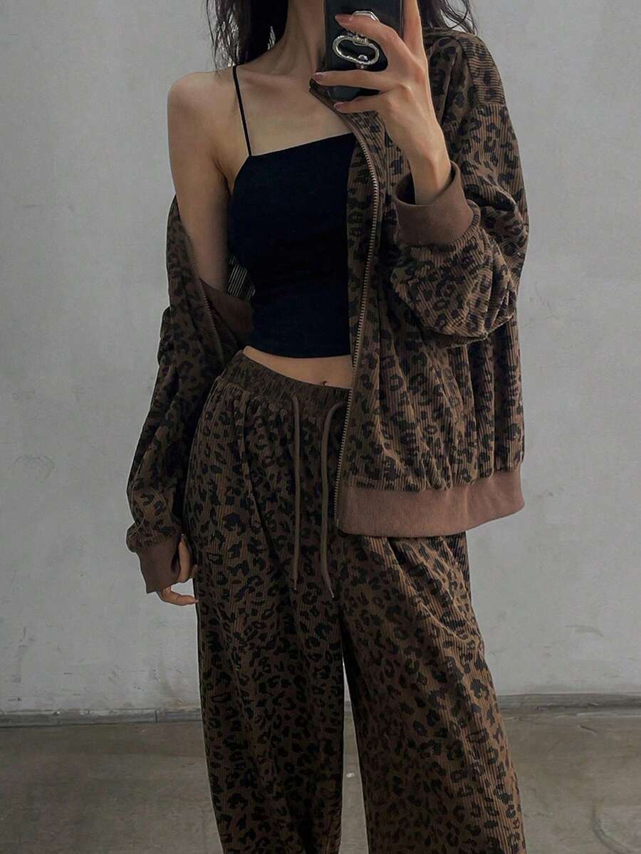 DAZY 2pcs Women's Leopard Ribbed Loose Jacket And Pants Set