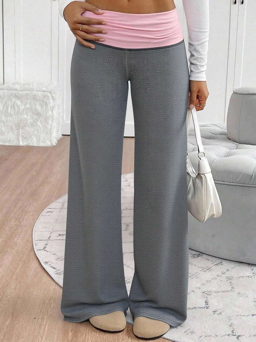 Tween Girls' Casual Contrast Foldover Waist Wide Leg Sweatpants, Spring/Summer Back To School Season - Grey - View 1