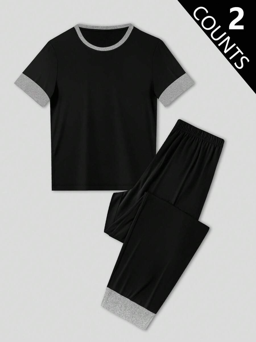 EverLounge 2pcs Men's Basic Casual Comfortable Homewear Retro British Relaxed T-Shirt And Pants Pajama Set