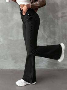 EURMUSE 98%Cotton Women's Flared Ripped Jeans - Black - View 3