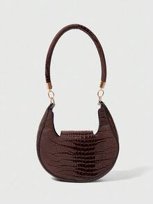 SHEIN BAE A Retro Fashion Indentation Crocodile Pattern Crescent Moon Underarm Bag Hardware Buckle Opening Lightweight Solid Colour Shoulder Bag Suitable For Women's Daily Use, Tready Crescent Moon Bag For Women, Retro Inspired Bag For Women