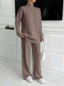 EURMUSE Women High Neck Sweater And Maxi Sweater Skirt 2 Two Pieces Set Co-Ords - Mocha Brown - View 4