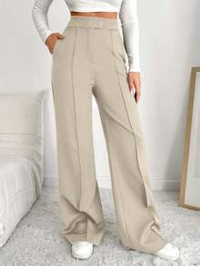 EURMUSE Solid Color Wide Leg Suit Pants With Slant Pockets - Beige - View 7