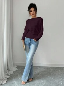 Elenzga 秋冬白色麻花纹理斜肩长袖针织套头衫 - 酒紅色 - 查看 6