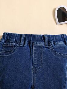 SHEIN Baby Girl White Pearl Embellished Blue Denim Flare Jeans - Dark Wash - View 4