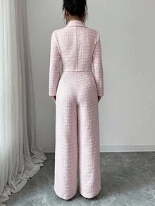 Modelyn Conjunto de 2 piezas de Mujer: Cárdigan de punto de tweed y pantalón de pierna recta, color rosa - Rosa - Ver 2