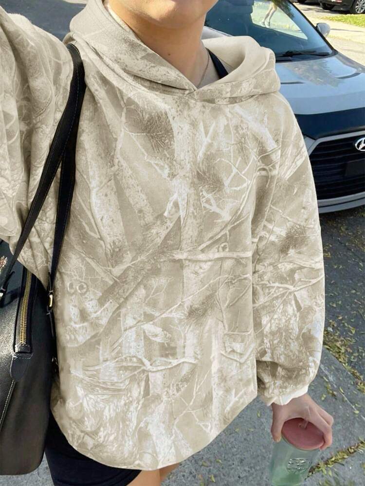 SHEIN 少女返校季畅销树叶印花卫衣，新款宽松舒适休闲时尚百搭街头风秋冬女童服装 - 軍綠色 - 查看 1