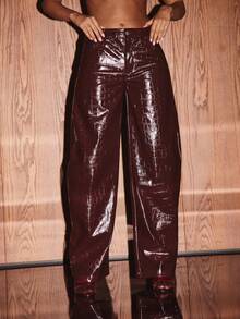 KIZN Pantalones anchos de cintura alta de piel sintética burdeos con estampado de cocodrilo, pantalones de fiesta de noche glamorosos - Burdeos - Ver 3