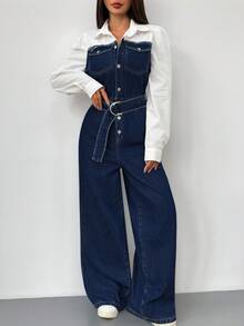 Siren Gaze 女式牛仔背带裤和连体裤，休闲修身长袖 - 深色水洗藍 - 查看 6