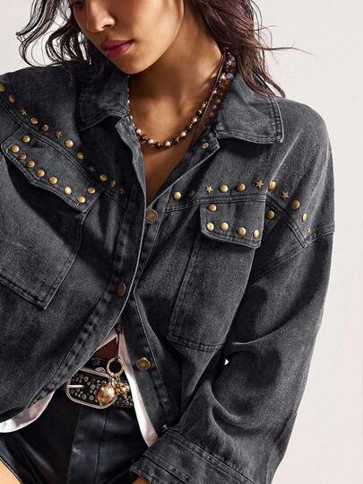 Bohemela 波西米亚风女士休闲复古嬉皮铆钉装饰纯色梭织宽松长袖常规外套，复古西部乡村风格，适合音乐会、度假、返校、日常穿着、万圣节等场合，秋冬季皆宜。