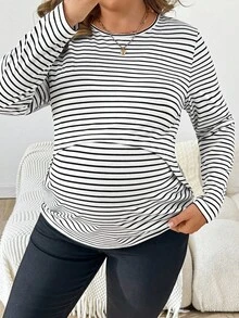 SHEIN 大码孕妇休闲条纹花卉印花哺乳T恤，百搭日常穿着，春秋季