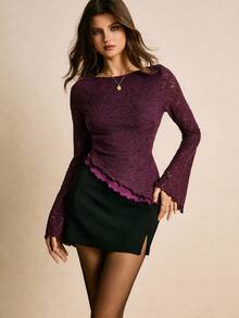 Poéselle Floral Lace Fluted-Sleeve Blouse – Asymmetric Lettuce-Hem Slim Fit Top,Women's Elegant Commuter Solid Color Lace Flare Sleeve T-Shirt,Lace Top Women, Burgundy Lace Blouse, Bell Sleeve Top, Lettuce Hem Shirt, Romantic Date Night Outfit, Fairycore Fashion, Quiet Luxury Top, Fall Evening Blouse, Going Out Top, Elegant Long Sleeve Shirt Purple Tops For Women Purple Lace Top Lace Long Sleeve Top