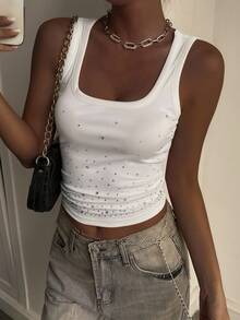 Livesso Women's Summer Round Neck Fitted Rhinestone Embellished Camisole - White - View 6