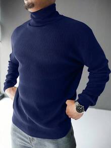 Manfinity Mode Áo len cổ lọ tay dài màu trơn cỡ lớn dành cho nam, mùa thu/đông - Màu xanh hải quân - Xem 6