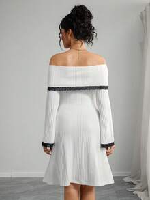 Momance 孕妇撞色蕾丝罗纹露肩长袖优雅连衣裙 - 白色 - 查看 2