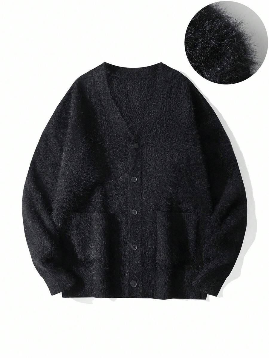 Manfinity Hypemode Men's Solid Color Minimalist Casual Long Sleeve Knit Cardigan It Is Great For Couples And Makes An Excellent Gift Idea For Boyfriends Or Husbands Black Sweater , Fall/Winter - Black - View 1