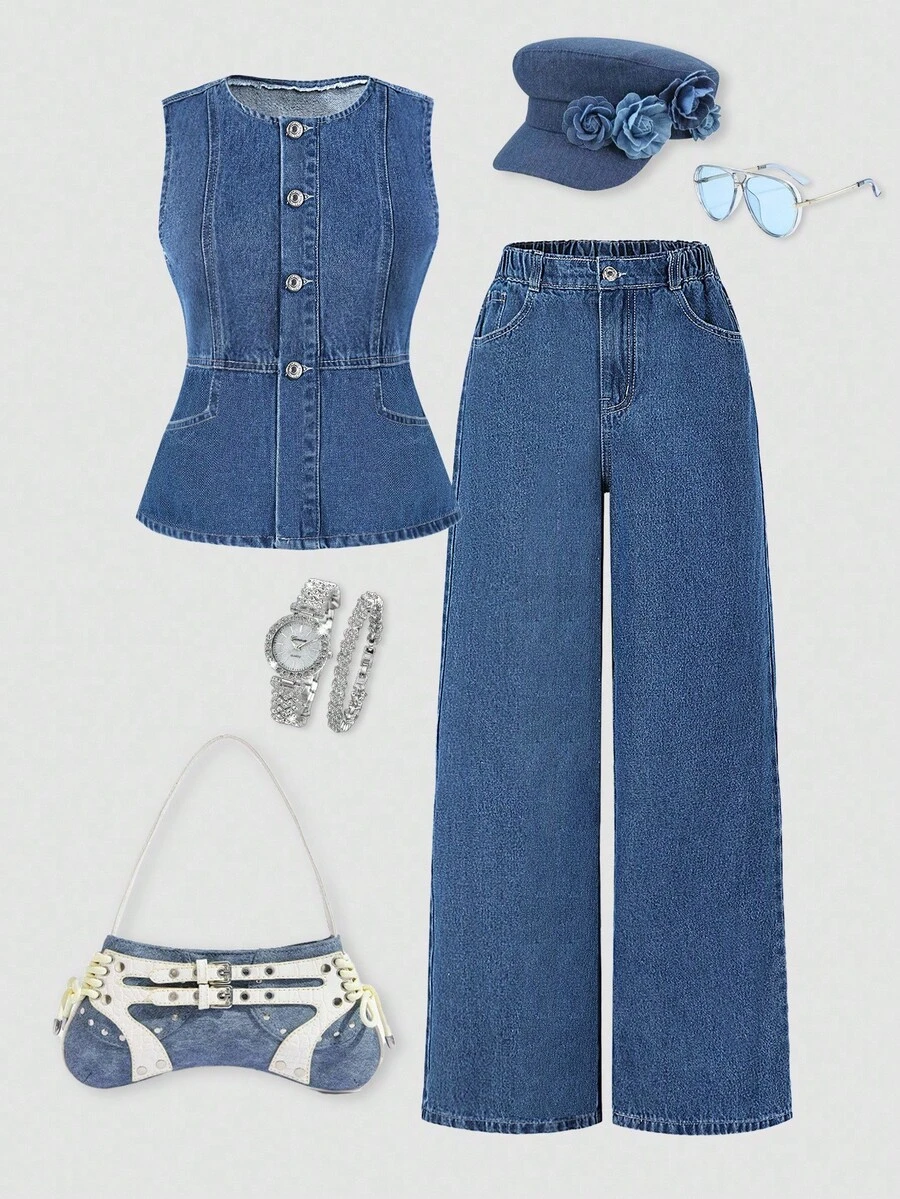 SHEIN Teen Girls Denim Vest & Wide Leg Jeans Set, New Season Simple And Elegant Personalized Retro Fashion Street Style Photography Recommendation! Unique Sleeveless Top Design + Single-Breasted Placket, Simple And Generous, Easy To Wear And Take Off, Pants With Regular Waist + Elastic + Button + Zipper Design, Convenient To Wear, Loose Straight Leg Style Design