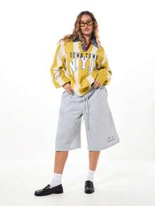 SUMWON WOMEN Downtown NYC Varsity Knit Sweater Letterman Collegiate Style Denim Collar Retro Classic Outerwear College Fashion Winter Fall