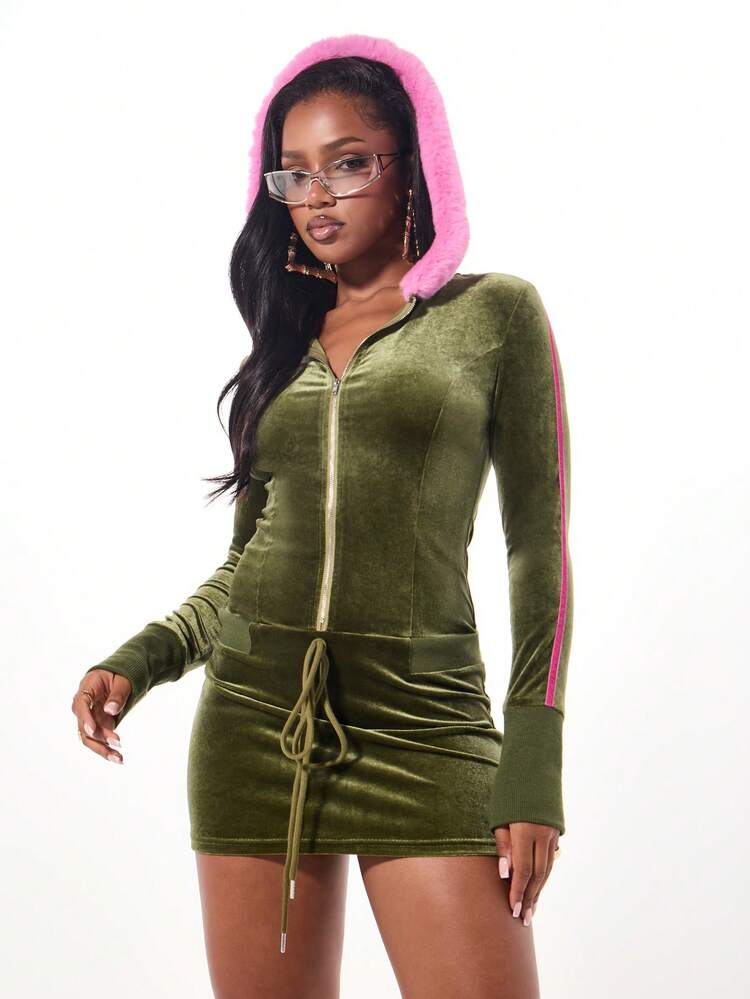 SUMWON WOMEN Velour Zip Up Mini Dress With Fur Trim Hood