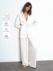 Maija Bộ đồ thu 2025 cho nữ, áo cardigan tay dài buộc dây phía trước bằng vải satin vân chéo màu trơn và quần co giãn cạp chun, phù hợp mặc trong lễ hội âm nhạc, tiệc tùng, công sở, trang phục công sở, áo cánh thanh lịch - trắng - Xem 4