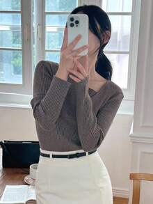 DAZY 女式斜肩圆领修身长袖柔软毛衣 - 棕色 - 查看 4