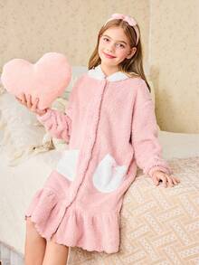 SHEIN 女童可爱兔耳连帽毛绒长睡袍，秋冬 - 粉色 - 查看 5