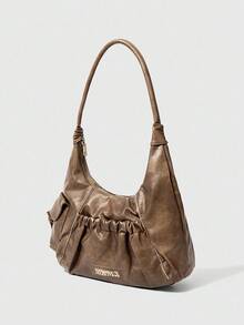 SHEIN BAE Versione coreana, Borsa da donna semplice e di nicchia, colore nero tinta unita, texture vintage, nuova moda autunno e inverno, borsa casual versatile per pendolarismo e viaggi, ampia capacità, borsa a spalla