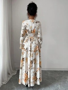 Elenzga 女式碎花灯笼袖中长连衣裙，浪漫的法式设计，修身腰身，性感的深 V 领，适合约会、派对，可与夹克叠穿 - 黃色 - 查看 2