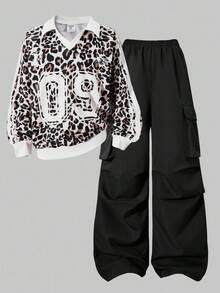 Tween Girl Collared Pullover Printed Long Sleeve Sweatshirt And Cargo Pants Set - Multicolor - View 3