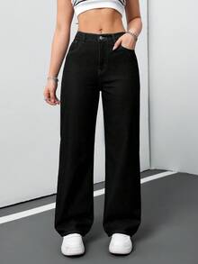 SHEIN Tall Women's Jeans Casual Loose Straight Trousers Blue Tall Women's Jeans Jeans Jeans Women Low Rise Jeans Baggy Jeans Jeans Wide Leg Black Baggy Jeans - Black - View 4