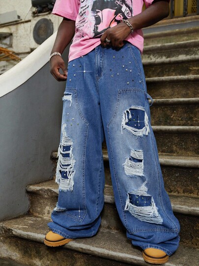 Street Life Jeans cargo ample pour hommes avec ornements de diamants scintillants