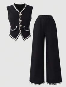 Sparklyn 2 件套青少年女孩优雅吊带背心和阔腿裤套装，通勤装，春秋季 - 黑色 - 查看 3