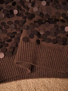 MOTF PREMIUM FASHIONABLE VERSATILE SEQUIN EMBELLISHED SHORT SLEEVE KNIT TOP - Brown - View 9