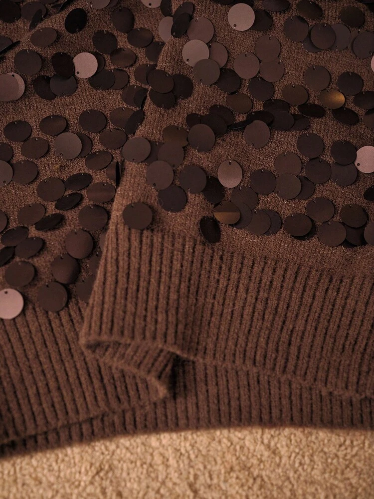 FASHIONABLE VERSATILE SEQUIN EMBELLISHED SHORT SLEEVE KNIT TOP