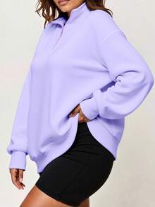 INAWLY 女士纯色半拉链立领长袖运动衫、长袖上衣 - 紫丁香色 - 查看 3