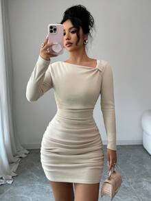 Selianne Women's Solid Color Minimalist Daily Wear Asymmetric-Shoulder Long Sleeve Dress - Apricot - View 8