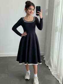 SHEIN Tween Girl Black Vintage Lace Trim Elegant Beaded U-Neck A-Line Mini Dress, Party Dress, Long Sleeve Mini Dress For Outing, Party, Graduation, Suitable For Halloween, Christmas - Black - View 4