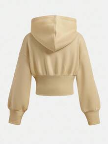SHEIN 少女深灰色连帽短款高腰长袖休闲简约纯色运动衫 - 杏色 - 查看 2