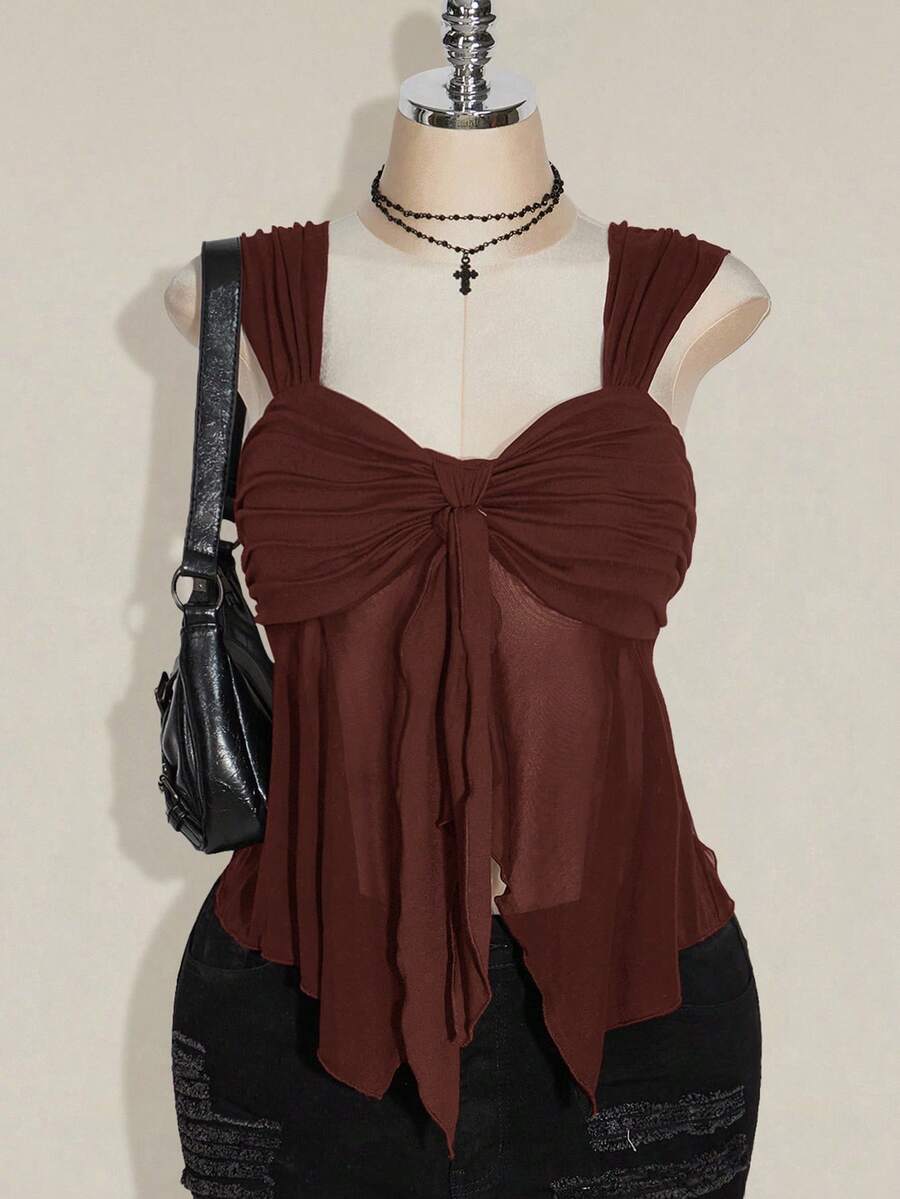 SHEIN ICON 大码女式不对称纯色透视网眼下摆吊带背心，Rave 上衣，透视上衣，适合暑假、毕业季、返校季、Y2K 风格