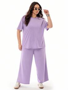SHEIN EZwear 加大码两件套：做旧紫色绣球花印花宽松T恤+阔腿裤，春夏季休闲棉质套装 - 紫丁香色 - 查看 4