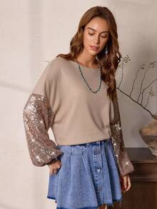 Women's Western Casual Khaki Round Neck Sequin Patchwork Drop Shoulder Puff Sleeve Sweatshirt, LanaWest - Khaki - View 3