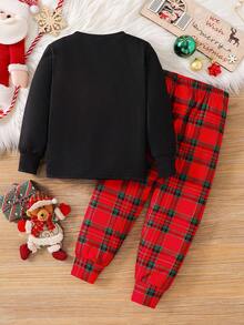SHEIN 2 pièces/Set T-shirt à manches longues col rond et pantalon de pyjama à carreaux pour jeune garçon, motif Père Noël, ajustement confortable. Ensemble de vêtements de nuit décontractés doux et confortables, convient pour Noël, fête de Noël - Rouge - Voir 7