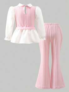 Elladie kids 女童休闲衬衫套装，白色蝴蝶结装饰，粉色针织罗纹面料拼布，白色长袖翻领荷叶边下摆衬衫上衣搭配粉色休闲喇叭裤，2 件套，适合返校、休闲、时尚、甜美、可爱、女士日常外出和旅行摄影 - 彩色 - 查看 2