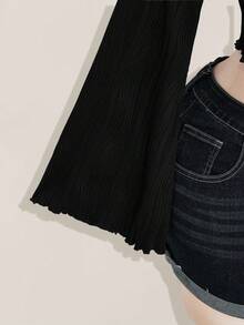 SHEIN ICON 女士大码秋冬保暖性感复古千禧风Y2K针织纹理面料前中蝴蝶结喇叭袖长袖不对称下摆黑色上衣 - 黑色 - 查看 7