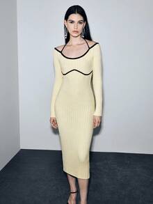 Lumivelle Damen elegantes Kontrastfarben figurbetontes Pulloverkleid mit U-Ausschnitt, Neckholder-Kleid