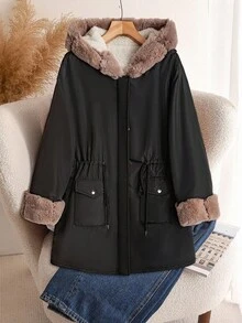 SHEIN CURVE+ Áo khoác mùa đông dài tay có khóa kéo phía trước, mũ trùm đầu giả nhiệt cỡ lớn cho nữ - Nhiều màu - Xem 9