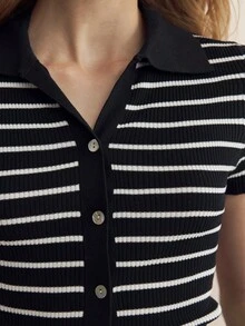 BizChic Women's Romantic Elegant Striped Collared Button Short Sleeve Knit Sweater, Versatile For Business Casual, Daily Commute, Office Wear,Knitted Sweater - Black and White - View 4